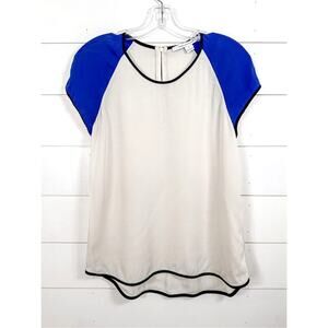 Diane Von Furstenberg Women's Silk High Low Cap Sleeve Blouse Blue Cream Medium